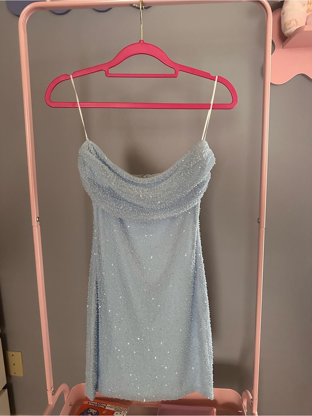 Windsor Light Blue Beaded Cowl Neck Mini Dress